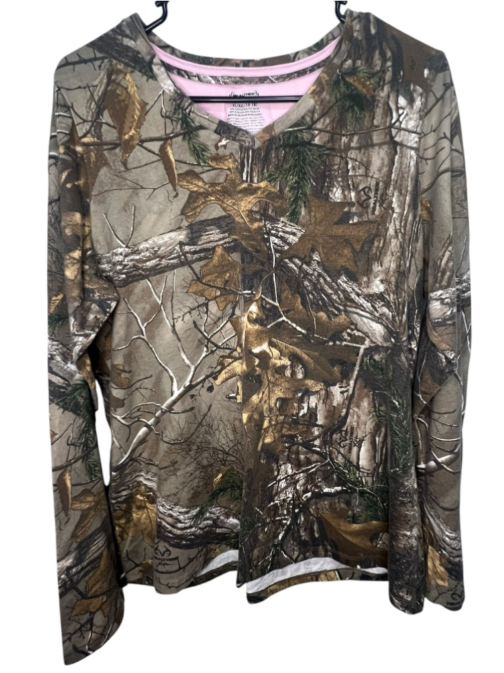 Realtree Camo V-Neck Long Sleeve Outdoor Hunting Shirt With Pink Trim